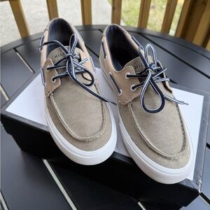 Tommy Hilfiger Men’s Beige/Tan Canvas Boat Shoes with Navy Laces